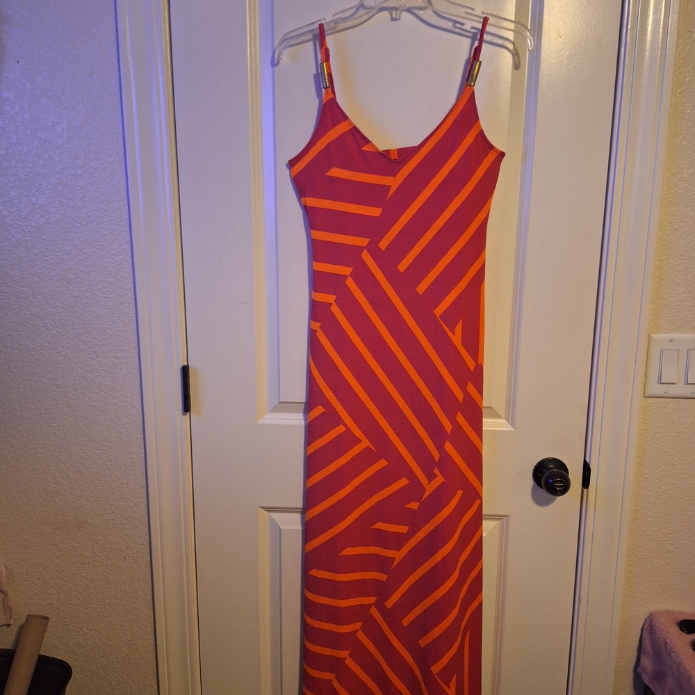 Chic Asymmetrical Pink and Orange Striped Maxi Dress